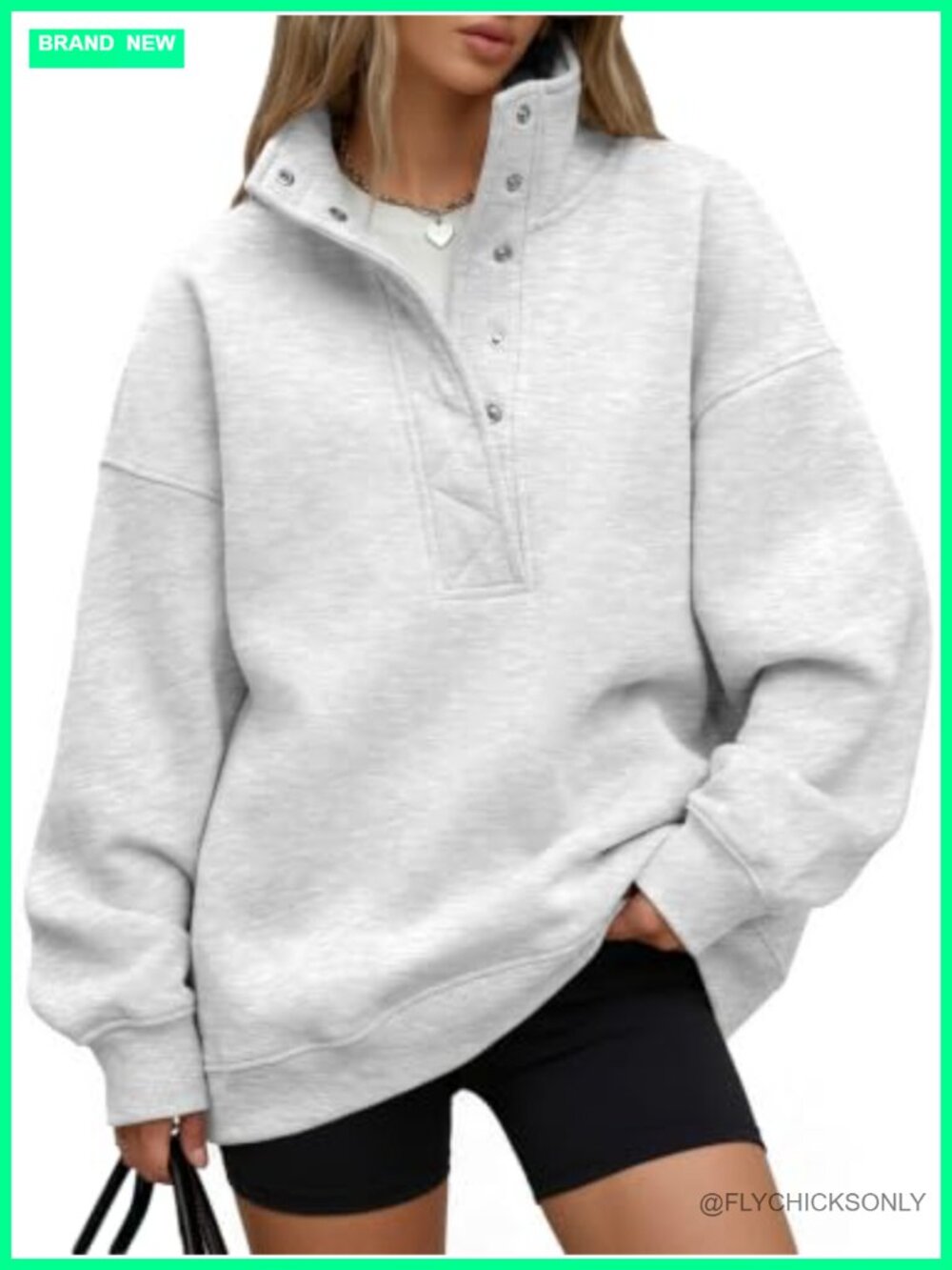 Oversized Sweatshirt Snap Button Henley Collar Pullover Long Sleeve